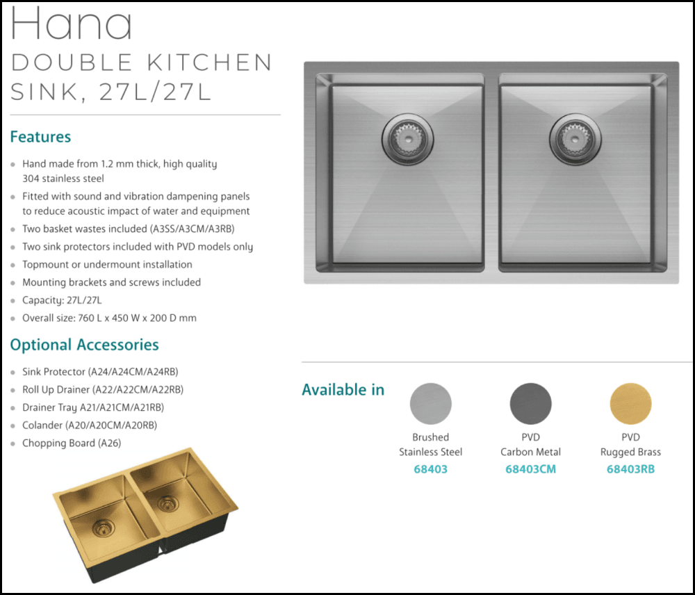 Fienza Double Bowl Kitchen Sink Stainless Steel 68403 - Special Order Top Mounted Sinks