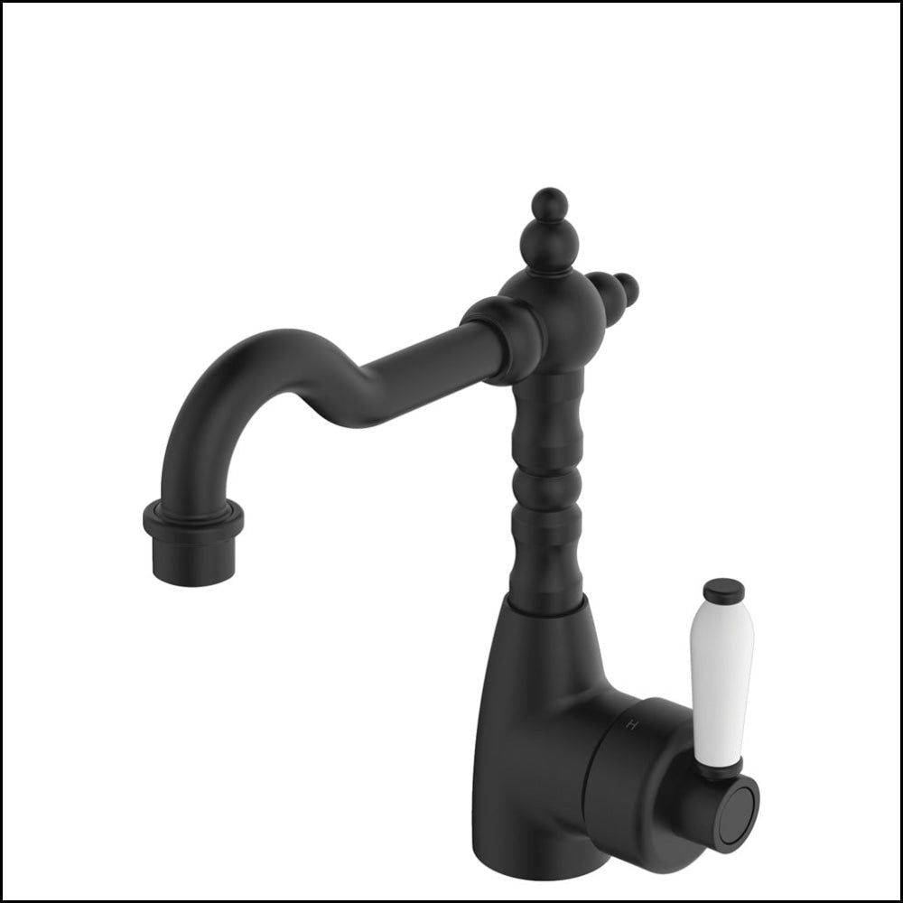 Fienza Eleanor 202103Bk Shepherds Crook Matte Black Mixer With White Ceramic Handle Basin Mixers