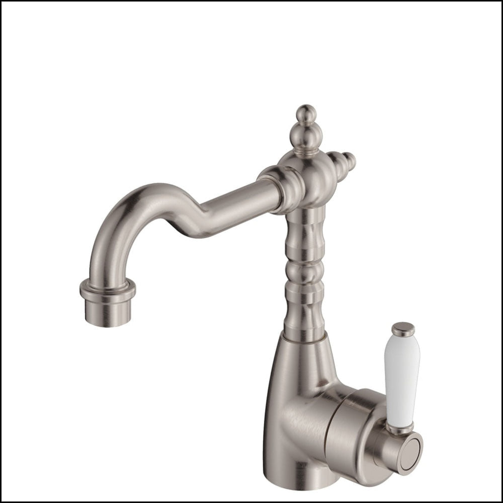 Fienza Eleanor 202103Bn Shepherds Crook Brushed Nickel Mixer With White Ceramic Handle Basin Mixers