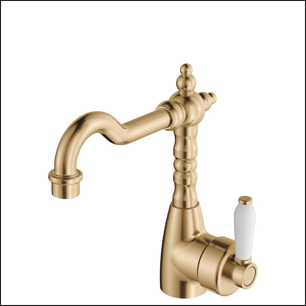Fienza Eleanor 202103Ub Shepherds Crook Urban Brass Mixer With White Ceramic Handle Basin Mixers