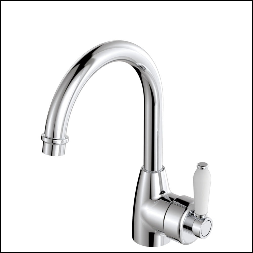 Fienza Eleanor 202104 Chrome Gooseneck Mixer With White Ceramic Handle Basin Mixers