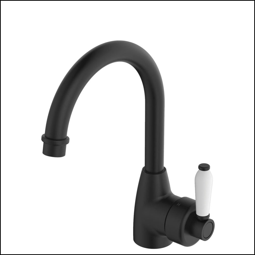 Fienza Eleanor 202104Bk Gooseneck Matte Black Mixer With White Ceramic Handle Basin Mixers