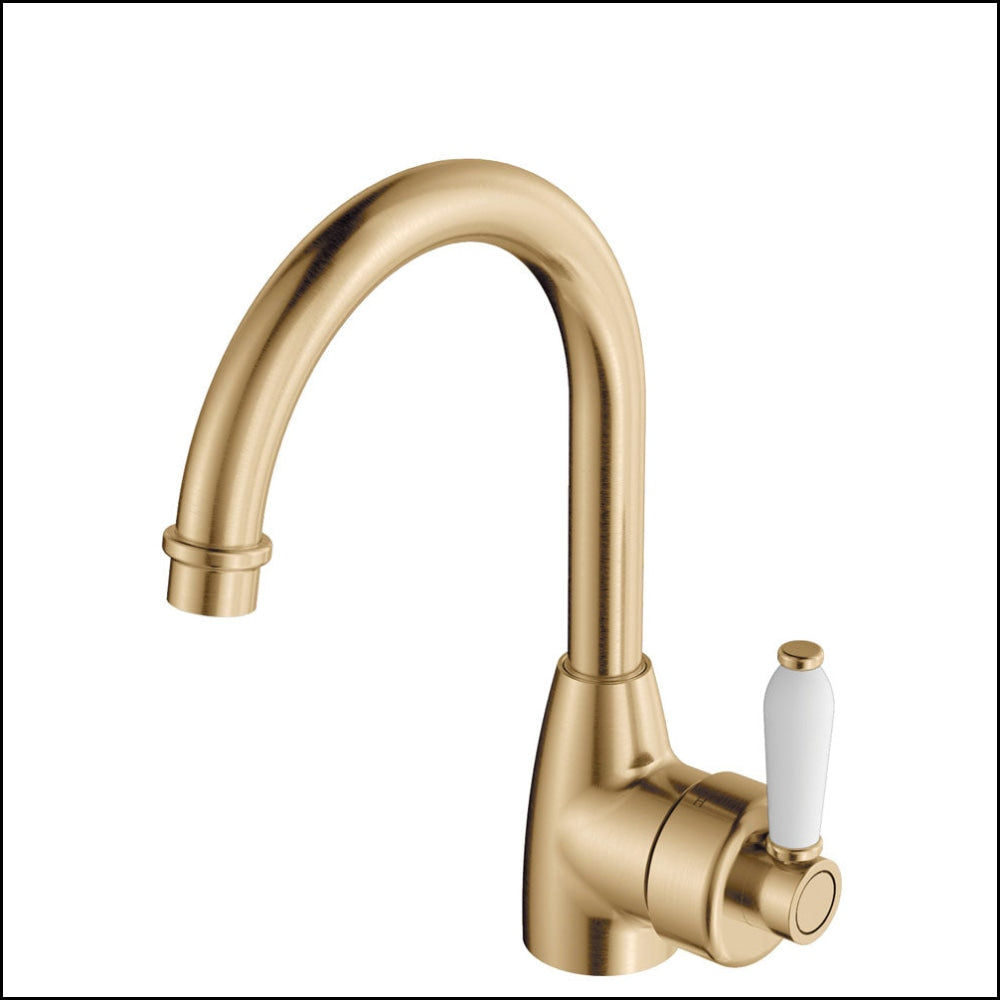 Fienza Eleanor 202104Ub Gooseneck Urban Brass Mixer With White Ceramic Handle Basin Mixers