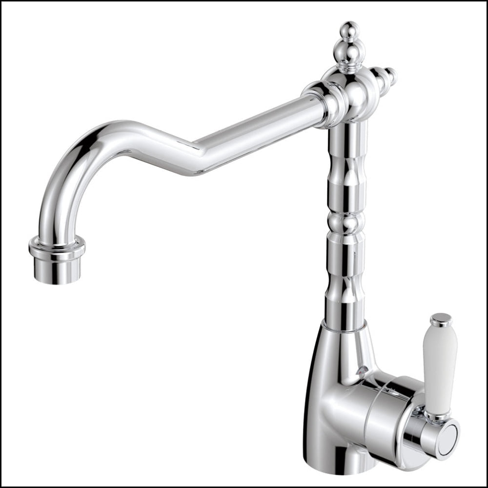 Fienza Eleanor 202105 Shepherds Crook Chrome Sink Mixer With White Ceramic Handle Kitchen Taps