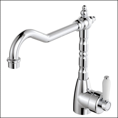 Fienza Eleanor 202105 Shepherds Crook Chrome Sink Mixer With White Ceramic Handle Kitchen Taps