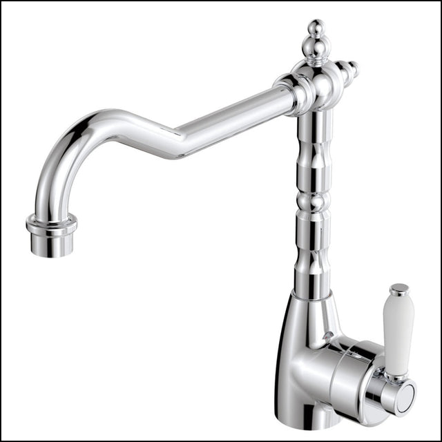 Fienza Eleanor 202105 Shepherds Crook Chrome Sink Mixer With White Ceramic Handle Kitchen Taps