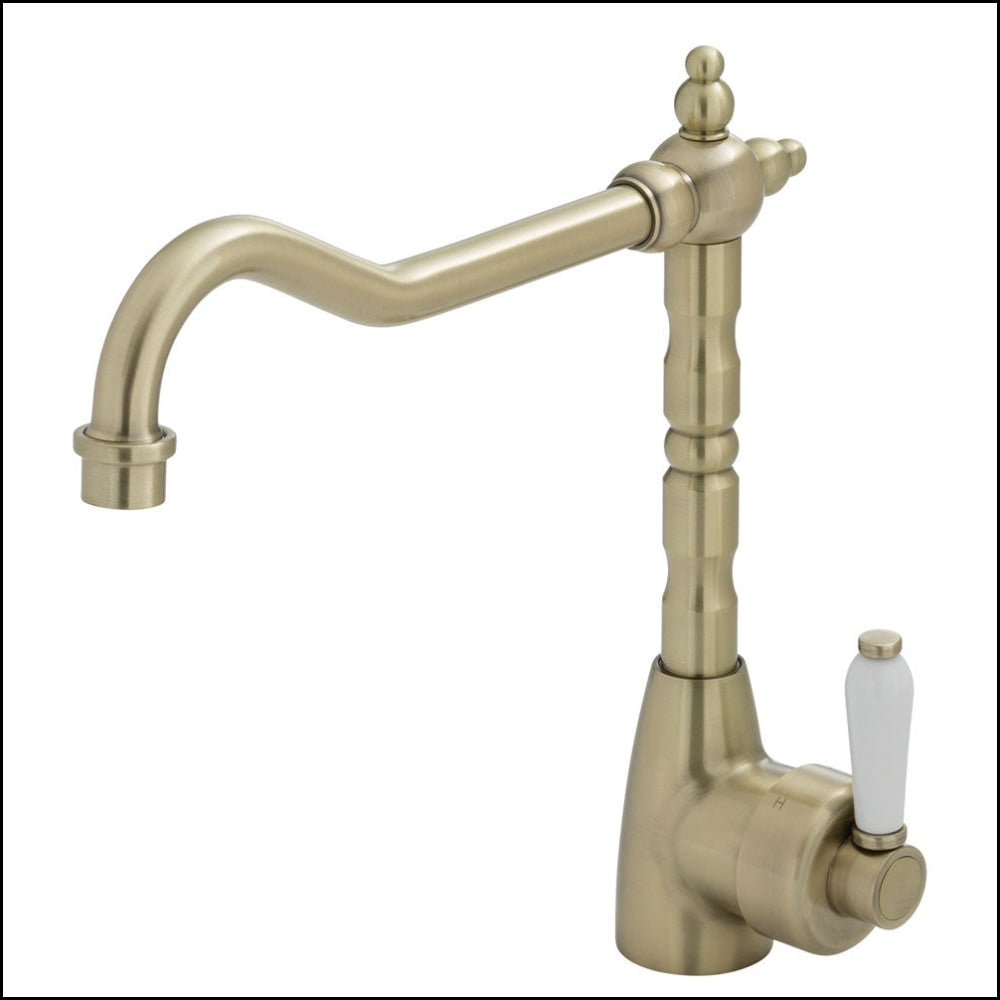 Fienza Eleanor 202105Bb Shepherds Crook Champagne Sink Mixer With White Ceramic Handle Kitchen Taps