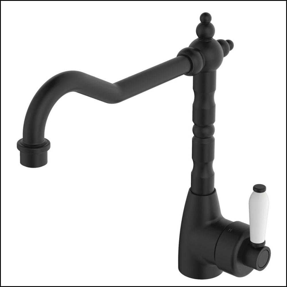 Fienza Eleanor 202105Bk Shepherds Crook Matte Black Sink Mixer With White Ceramic Handle Kitchen