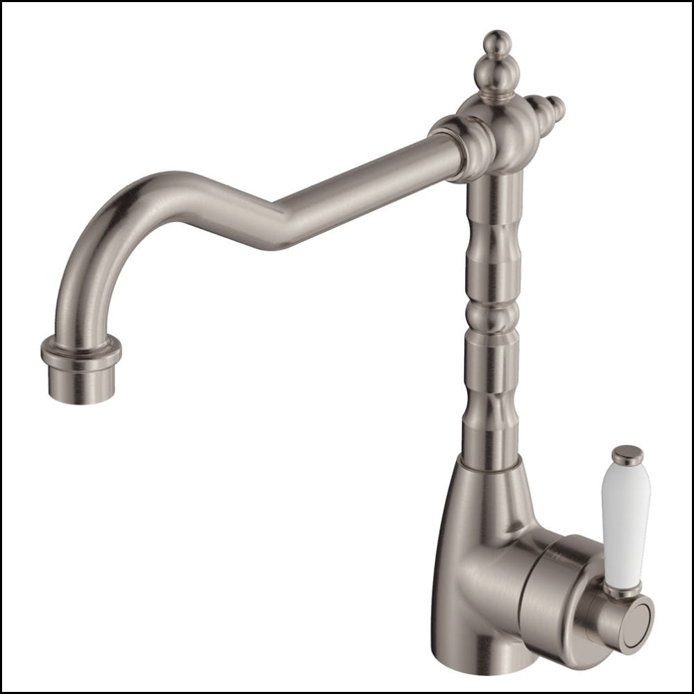 Fienza Eleanor 202105Bn Shepherds Crook Brushed Nickel Sink Mixer With White Ceramic Handle Kitchen