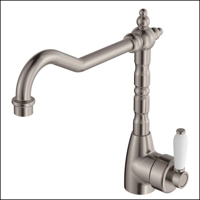 Fienza Eleanor 202105Bn Shepherds Crook Brushed Nickel Sink Mixer With White Ceramic Handle Kitchen