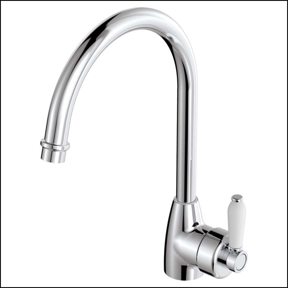 Fienza Eleanor 202109 Chrome Gooseneck Mixer With White Ceramic Handle Kitchen Taps