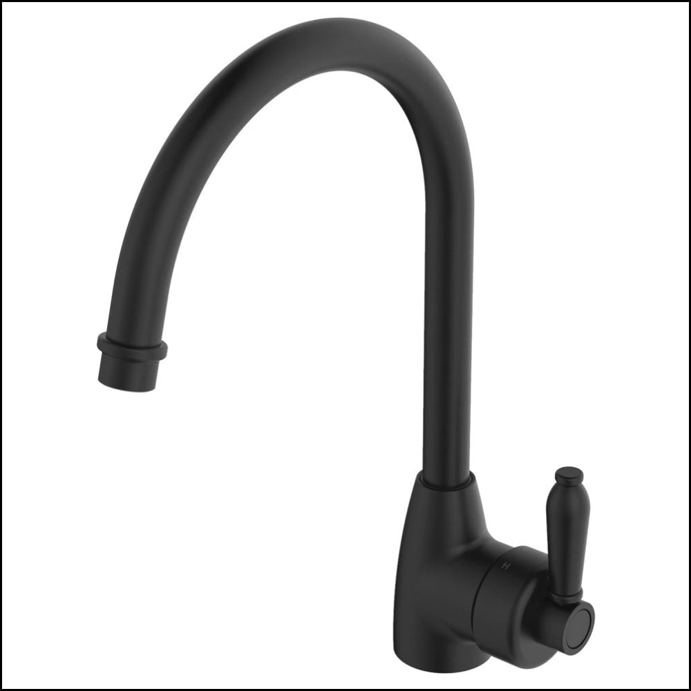 Fienza Eleanor 202109Bl Matte Black Gooseneck Mixer With White Handle Kitchen Taps