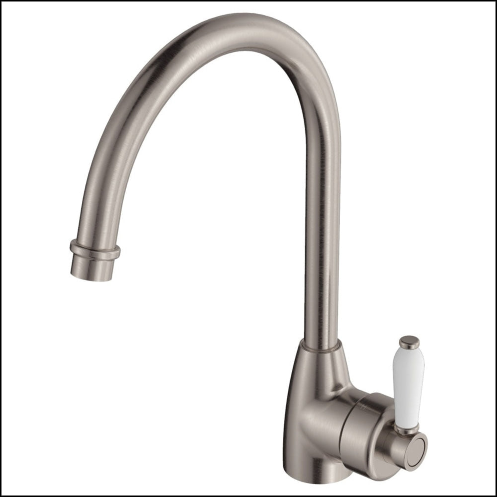 Fienza Eleanor 202109Bn Brushed Nickel Gooseneck Mixer With White Ceramic Handle Kitchen Taps