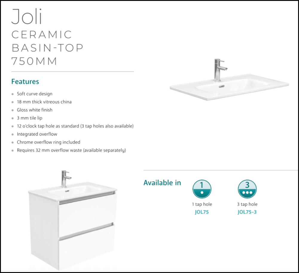 Fienza Joli Jol75T 750Mm Hampton White Wall Hung Vanity Unit - Special Order Units