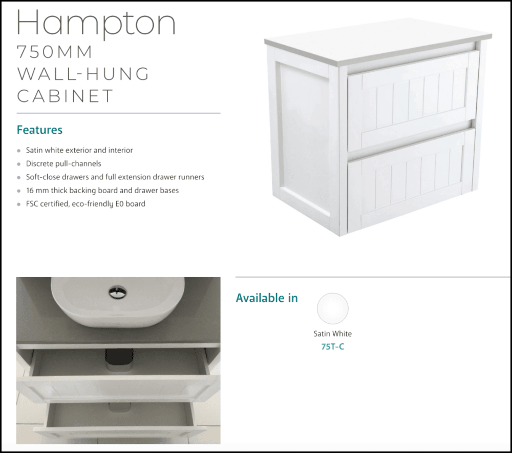 Fienza Joli Jol75T 750Mm Hampton White Wall Hung Vanity Unit - Special Order Units