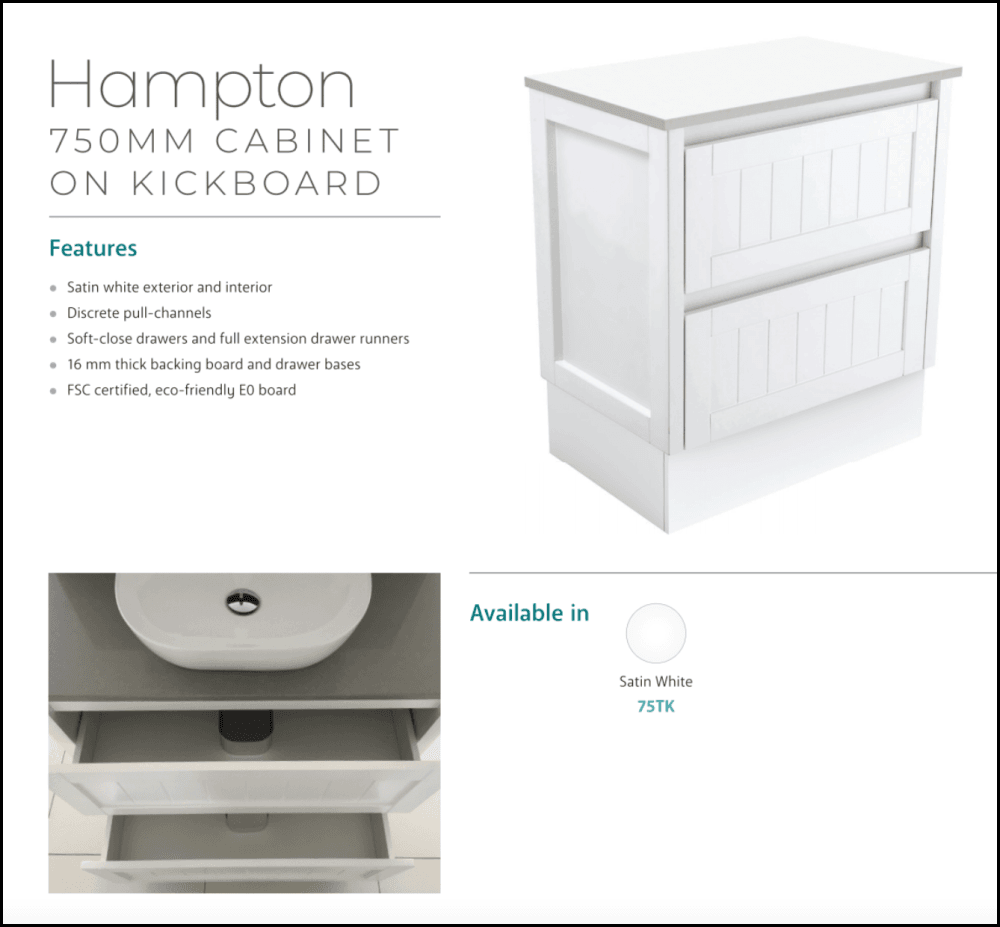 Fienza Joli Jol75Tk Hampton 750Mm White Vanity Unit On Kickboard - Special Order Units
