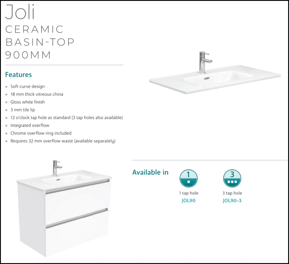 Fienza Joli Jol90T Hampton 900Mm White Wall Hung Vanity Unit - Special Order Units