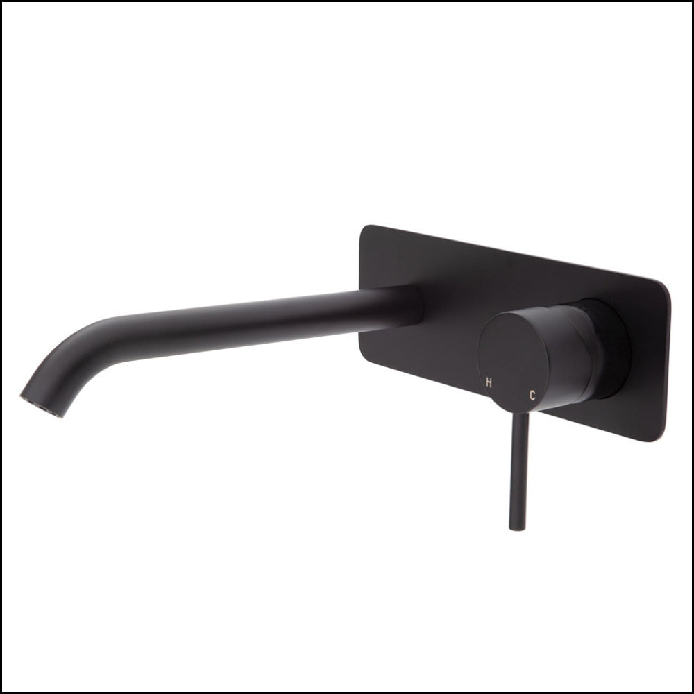 Fienza Kaya Wall Basin/Bath Mixer Set Matte Black Square Plate 200Mm Outlet 228106B-200 Bathroom