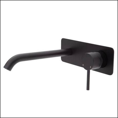 Fienza Kaya Wall Basin/Bath Mixer Set Matte Black Square Plate 200Mm Outlet 228106B-200 Bathroom
