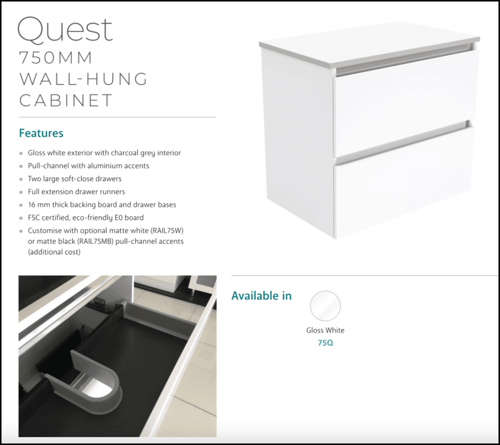 Fienza Quest Tcl75Q Manu 750Mm White Wall Hung Vanity Unit - Special Order Units