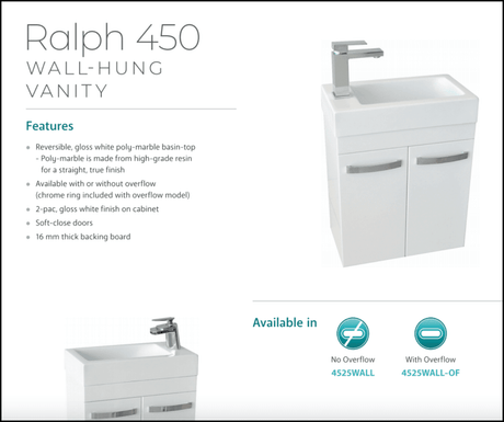 Fienza Ralph 4525Wall White 450Mm Vanity Unit Wall Hung - Special Order Units