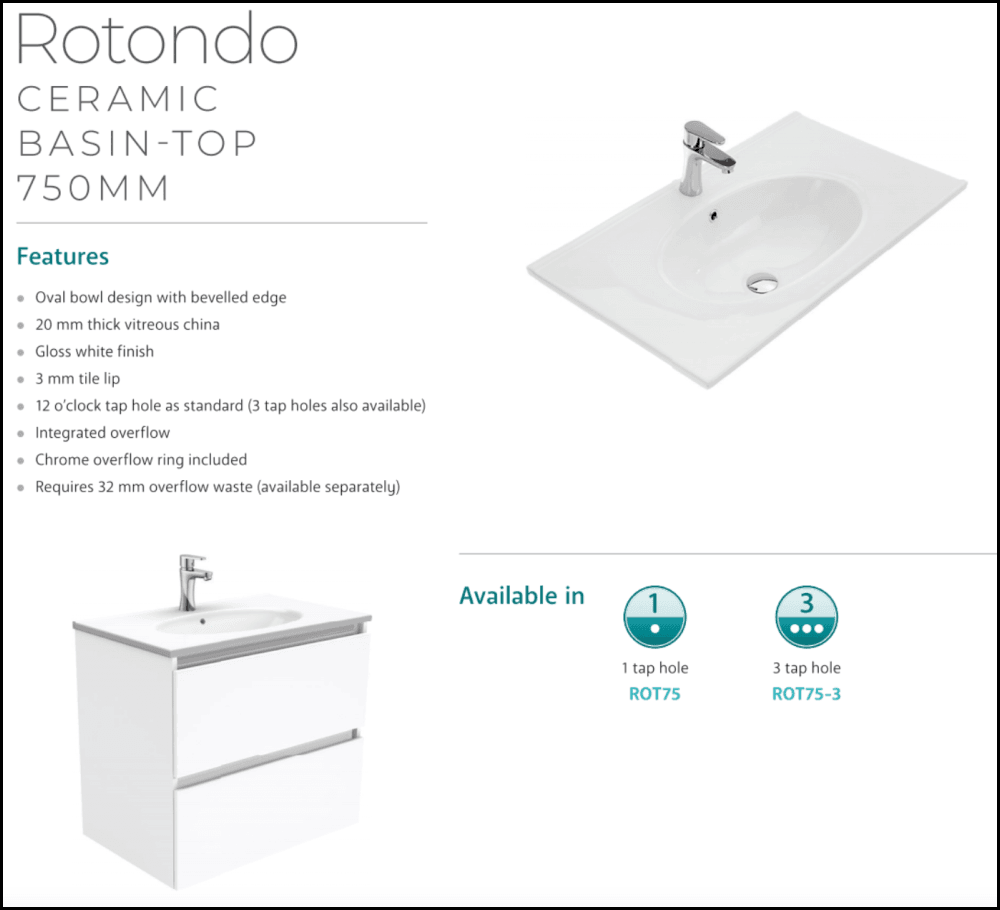 Fienza Rotondo Hampton 750Mm Rot75Tk White Vanity Unit On Kickboard- Special Order Units