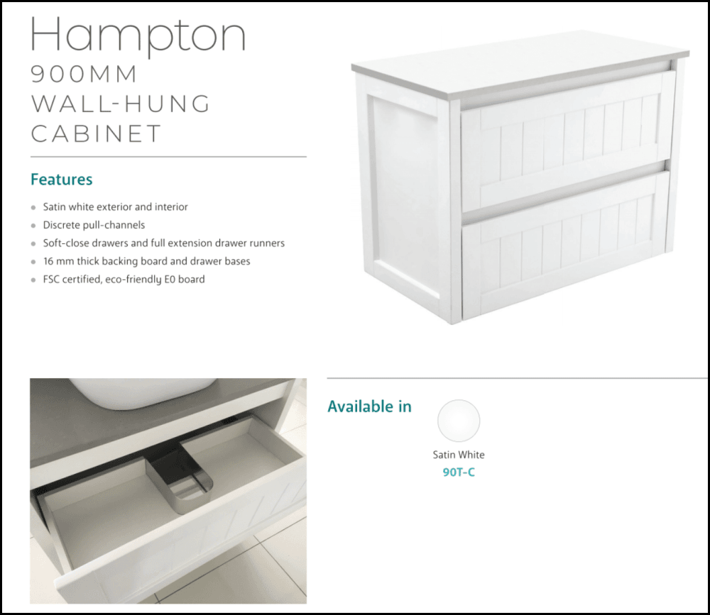 Fienza Rotondo Hampton Rot90T 900Mm White Wall Hung Vanity Unit - Special Order Units