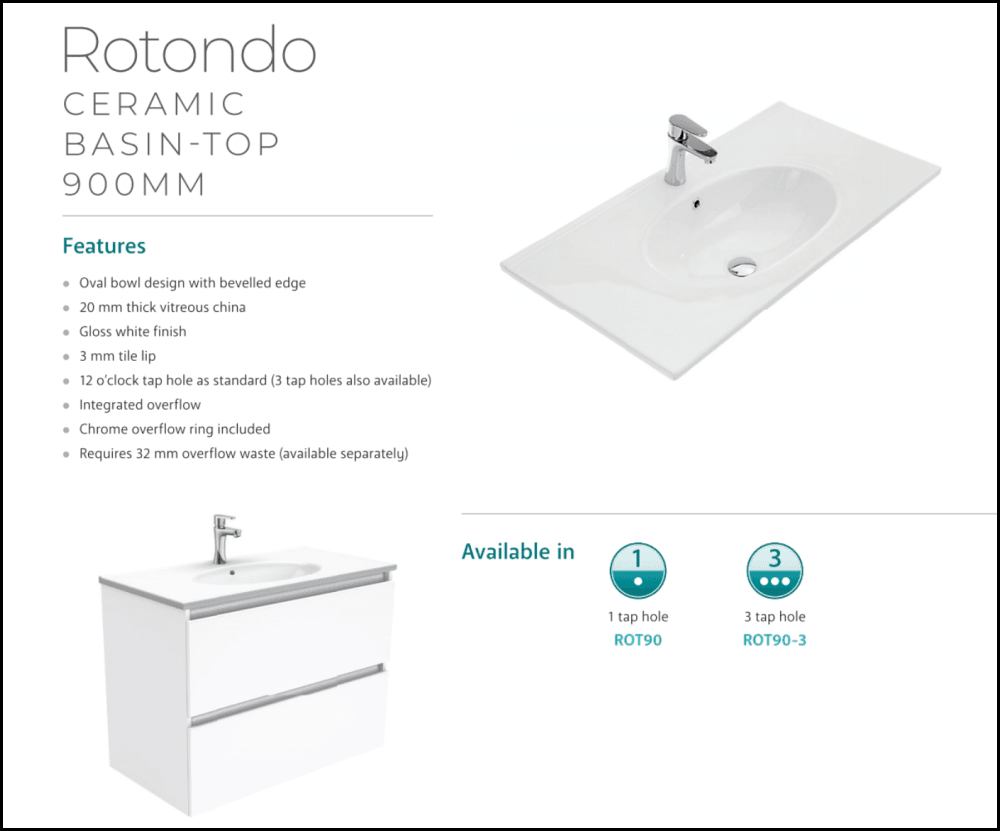 Fienza Rotondo Hampton Rot90T 900Mm White Wall Hung Vanity Unit - Special Order Units