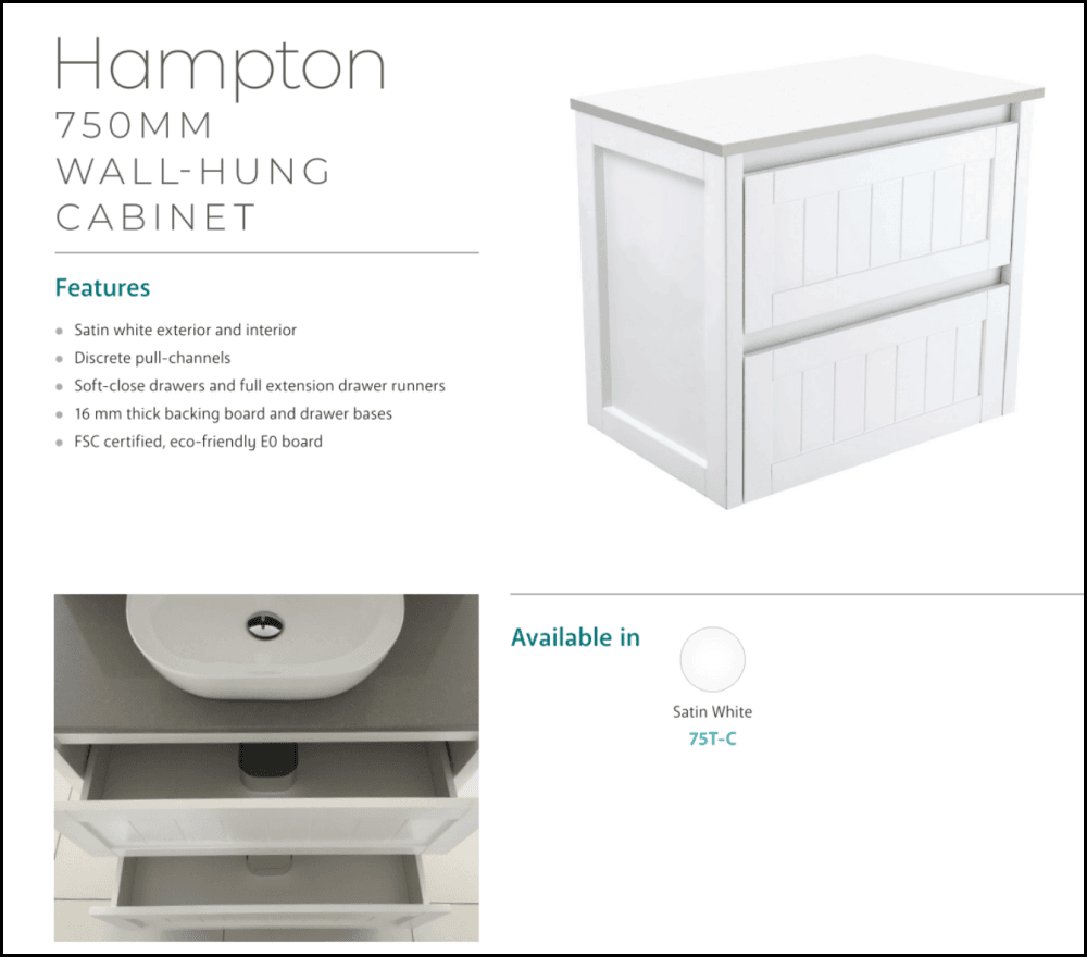 Fienza Rotondo Rot75T Hampton 750Mm Wall Hung Vanity Unit White - Special Order Units