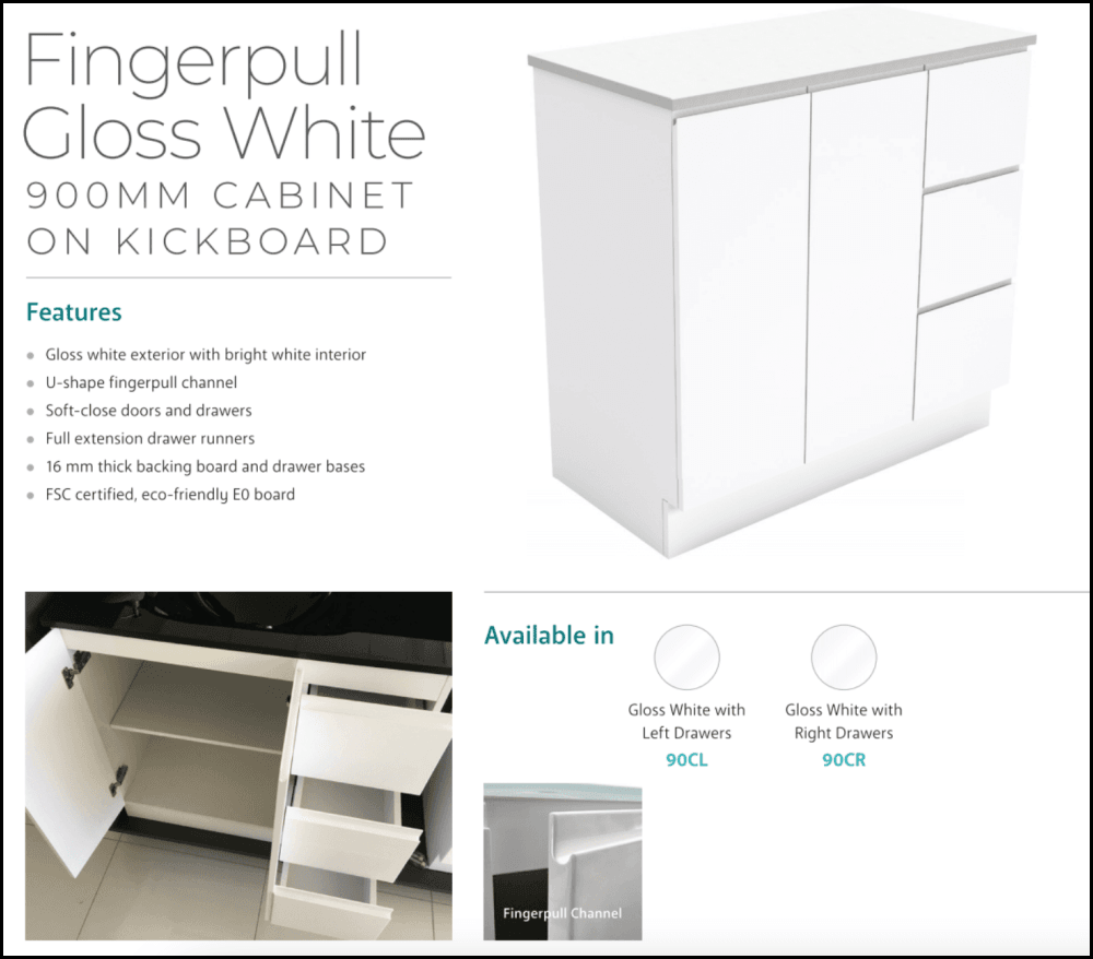 Fienza Sarah 900Mm Si90C Bianco Marble Vanity Unit Fingerpull With Kickboard White - Special Order