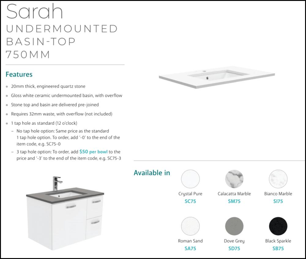 Fienza Sc75Q 750Mm Crystal Pure Undermount Stone Top Quest Wall Hung Vanity Unit White - Special