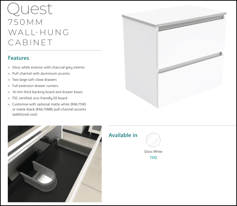 Fienza Sc75Q 750Mm Crystal Pure Undermount Stone Top Quest Wall Hung Vanity Unit White - Special