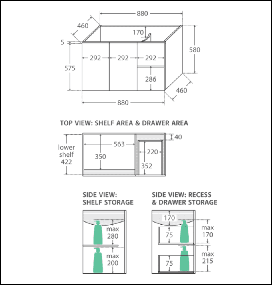 Fienza Sc90Fr 900Mm Crystal Pure Undermount Stone Top Fingerpull Wall Hung Vanity Unit Right Drawers