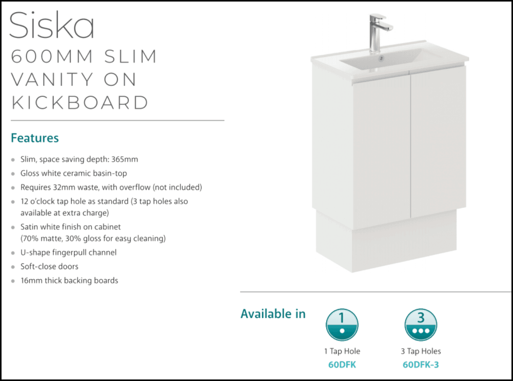 Fienza Siska 60Dfk 600Mm Satin White Vanity With Kickboard - Special Order Units