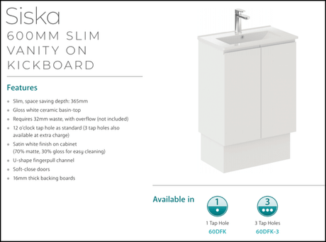 Fienza Siska 60Dfk 600Mm Satin White Vanity With Kickboard - Special Order Units