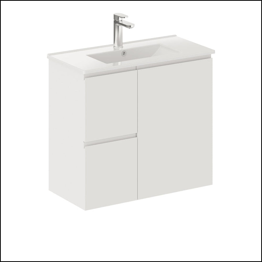Fienza Siska 75Dfl Slim 750Mm Satin White Wall Hung Vanity Unit Left Drawers - Special Order Units