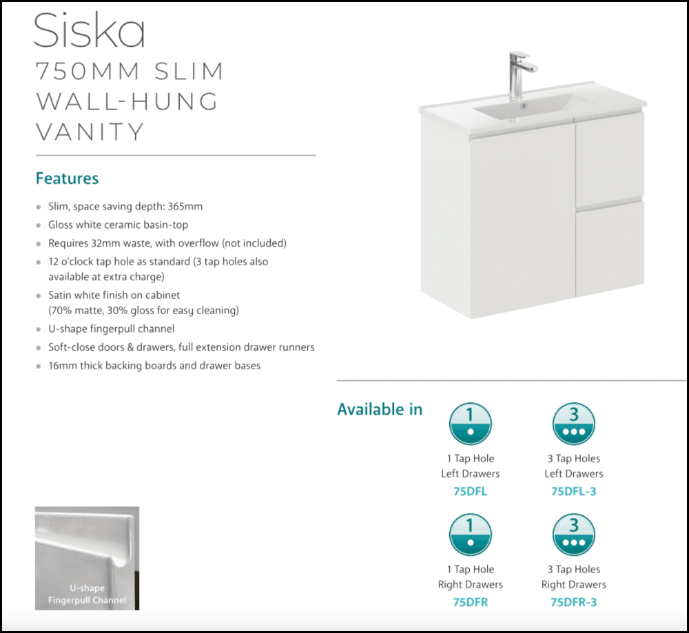 Fienza Siska 75Dfl Slim 750Mm Satin White Wall Hung Vanity Unit Left Drawers - Special Order Units