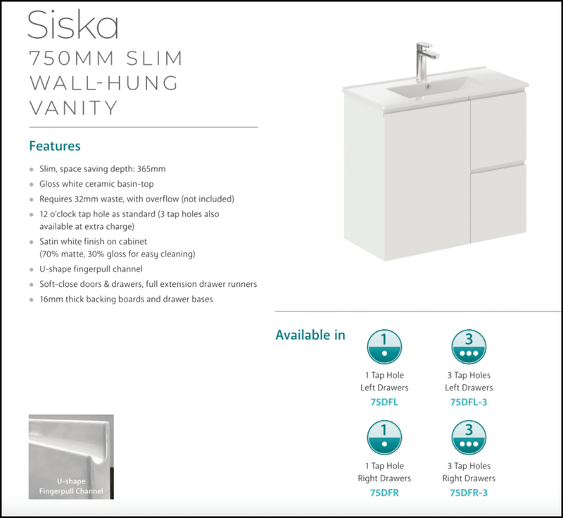Fienza Siska 75Dfl Slim 750Mm Satin White Wall Hung Vanity Unit Left Drawers - Special Order Units