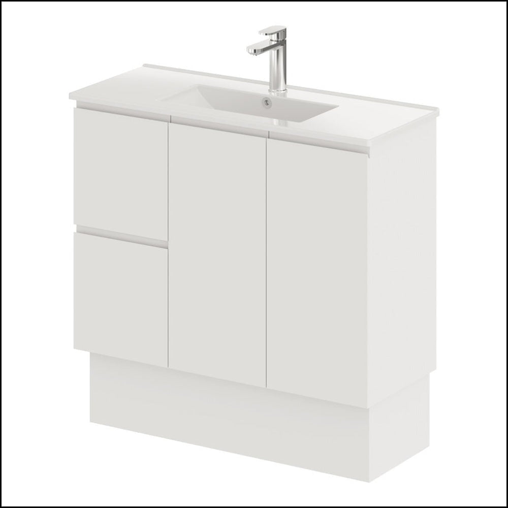 Fienza Siska 90Dfkl Slim 900Mm Kickboard Vanity Unit Left Drawers Satin White - Special Order Units