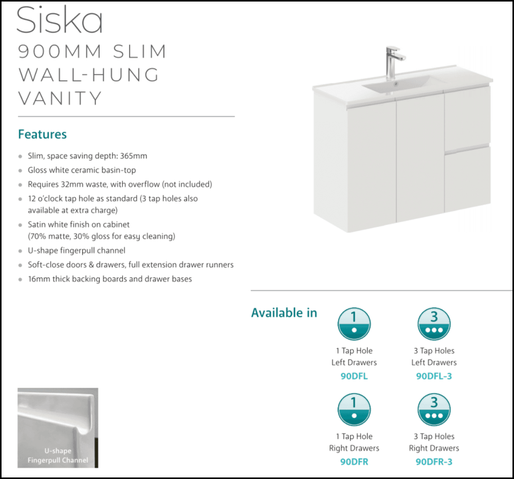 Fienza Siska 90Dfl 900Mm Slim Wall Hung Vanity Unit Left Drawers Satin White - Special Order Units