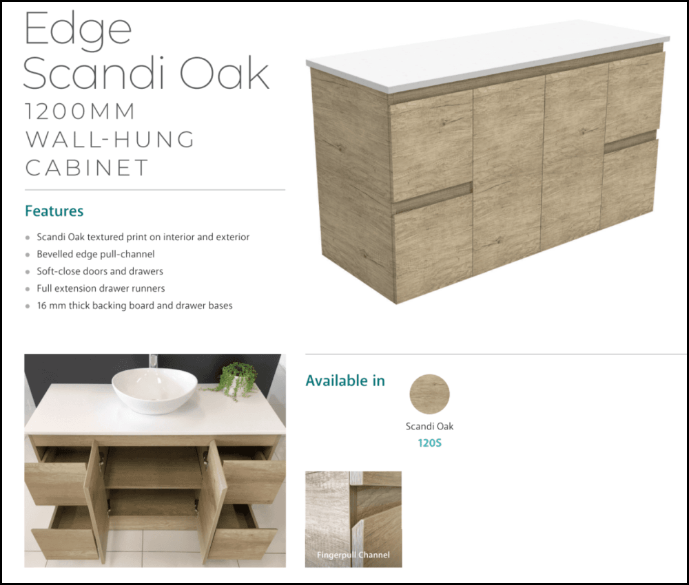Fienza Tcl120S 1200Mm Dolce Edge Scandi Oak Wall Hung Vanity - Special Order Units
