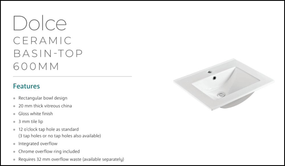 Fienza Tcl60Nkw Dolce 600Mm White Vanity With Kicker - Special Order Units