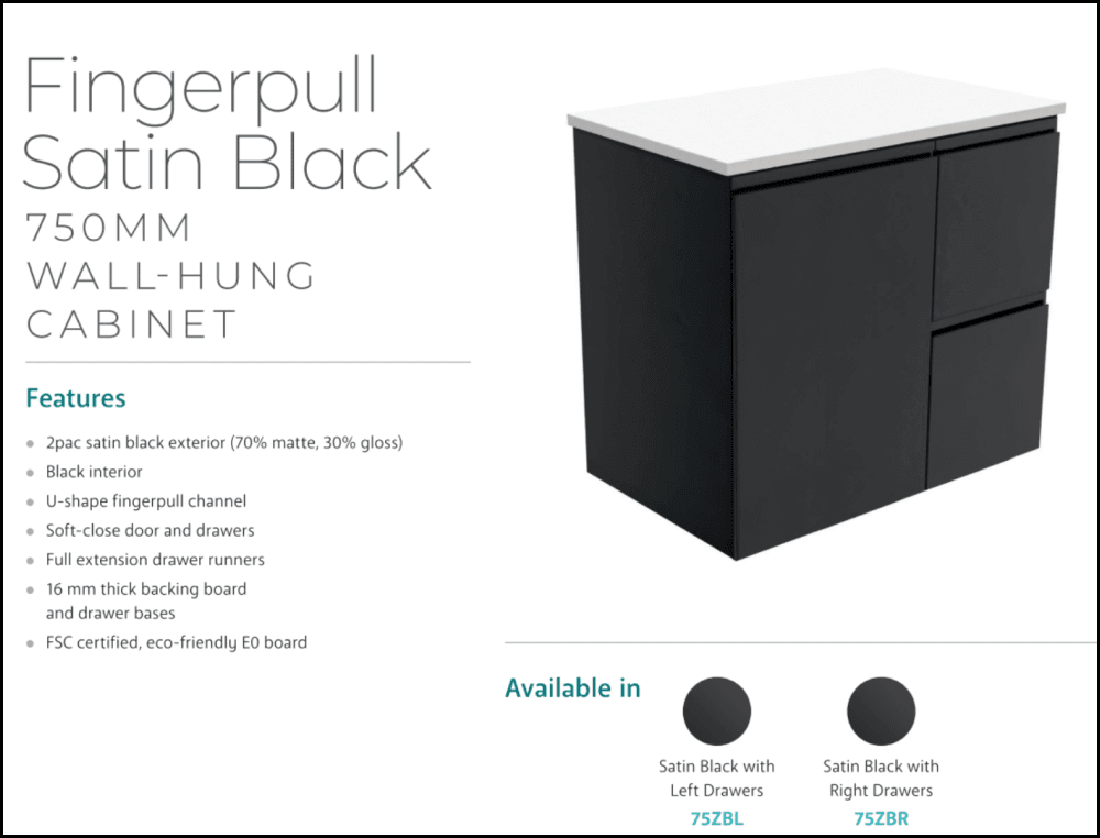 Fienza Tcl75Zbr Dolce Black 750Mm Wall Hung Vanity Right Drawers - Special Order Units