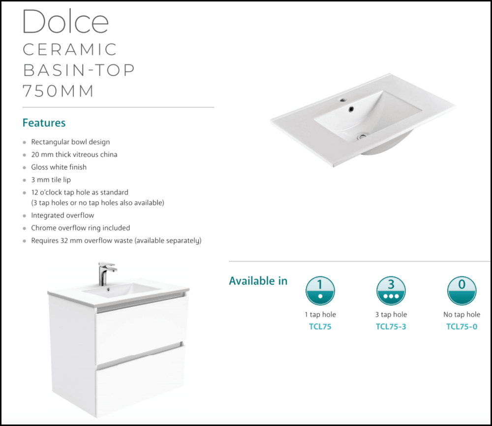 Fienza Tcl75Zbr Dolce Black 750Mm Wall Hung Vanity Right Drawers - Special Order Units