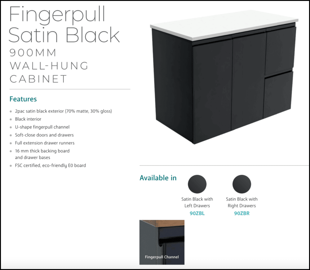 Fienza Tcl90Zbr Dolce 900Mm Fingerpull Satin Black Wall Hung Vanity Right Draws - Special Order