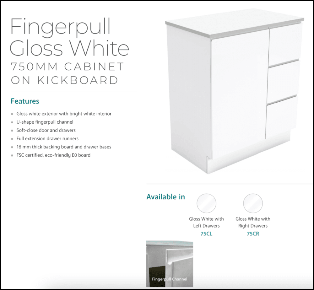 Fienza Tclb75Cl 750Mm Dolce Matte Black Fingerpull Gloss White Vanity On Kickboard Left Drawers -