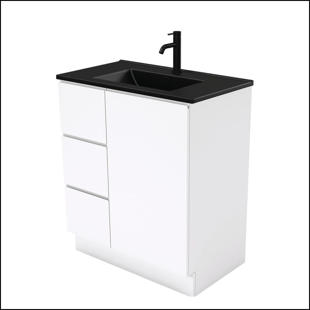 Fienza Tclb75Cl 750Mm Dolce Matte Black Fingerpull Gloss White Vanity On Kickboard Left Drawers -