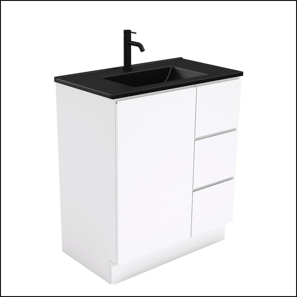 Fienza Tclb75Cr 750Mm Dolce Matte Black Fingerpull Gloss White Vanity On Kickboard Right Drawers -
