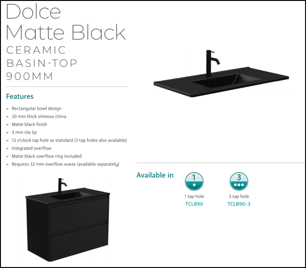 Fienza Tclb90Fl 900Mm Dolce Matte Black Fingerpull Gloss White Wall Hung Vanity Left Drawers -