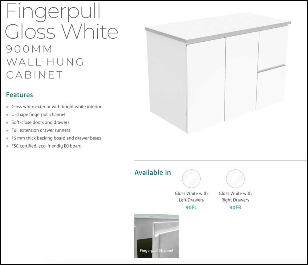 Fienza Tclb90Fr 900Mm Dolce Matte Black Fingerpull Gloss White Wall Hung Vanity Right Drawers -